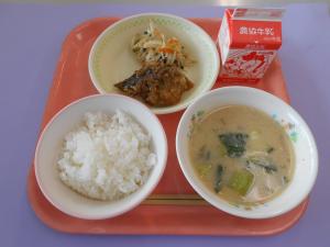 614キロカロリー、ごはん、ぎゅうにゅう、さかなのなんばんづけ、かんこくのりサラダ、とうにゅうごまたんたんスープ