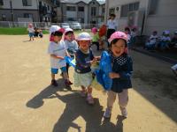 こいのぼりをみんなで持つ３歳児