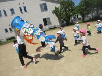 こいのぼりを追いかける３歳児