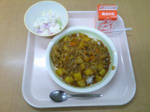 881キロカロリー、ポークカレー(麦飯)、牛乳、福神漬、フルーツヨーグルト