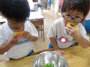 ピーマンのにおいを嗅ぐ3歳児