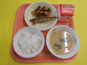 607キロカロリー、ごはん、ぎゅうにゅう、ししゃものいそてんぷら、えどっこに、じゃがいものみそしる