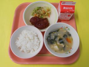 630キロカロリー、ごはん、ぎゅうにゅう、チキンカツ、ツナサラダ、とうふとほうれんそうのみそしる