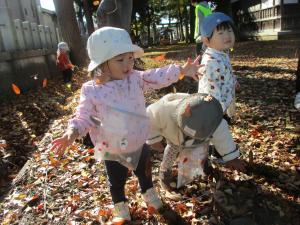 布市神社に散歩に行き集めた落ち葉を上から降らせる1歳児
