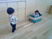 宅急便の箱車に乗る０歳児と箱車を引っ張る０歳児